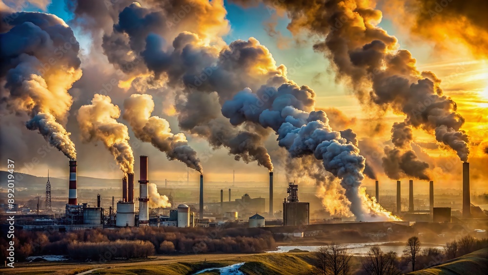 Toxic smoke billows from industrial chimneys, shrouding a parched 