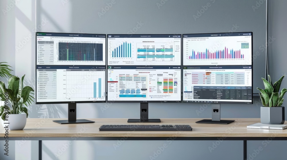 Fototapeta premium Multi-screen setup showing detailed project planning and analytics, productivity, digital planning