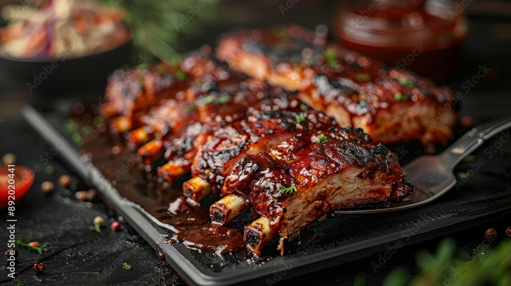 Delicious grilled ribs coated in rich barbecue sauce, garnished with herbs, perfect for a savory meal or festive gathering.