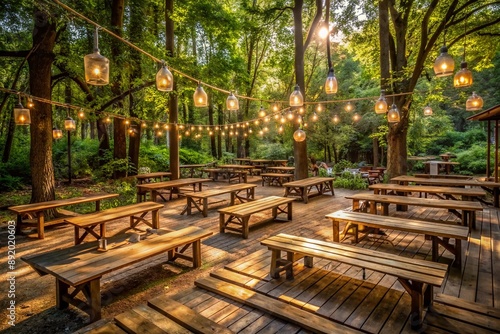 Abandoned rustic outdoor party space with wooden benches, lanterns, and a worn dance floor surrounded by lush greenery and tall trees on a sunny day.