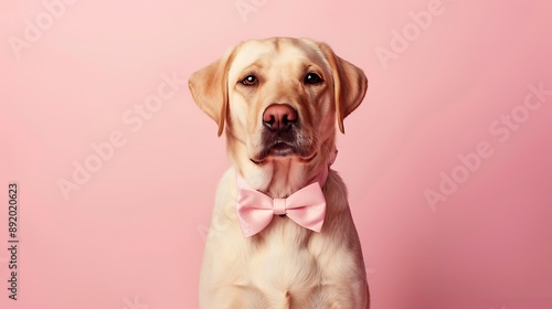 Cute Labrador Retriever dog with bow tie on pink background