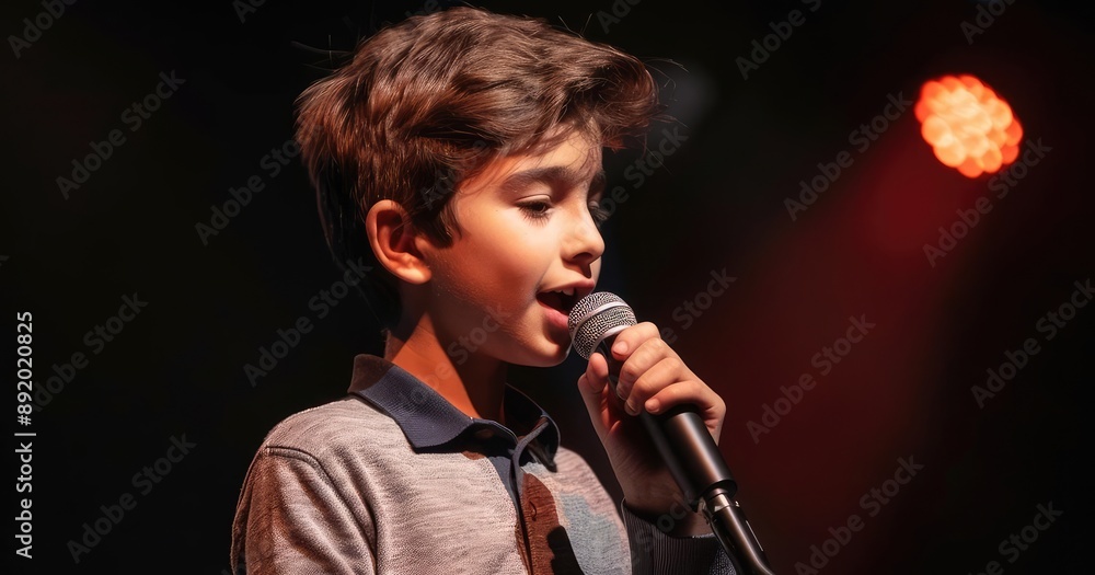 Young boy holding a microphone, singing on a stage, aspiring singer, music career Young boy holding a microphone, singing on a stage, aspiring singer, music career