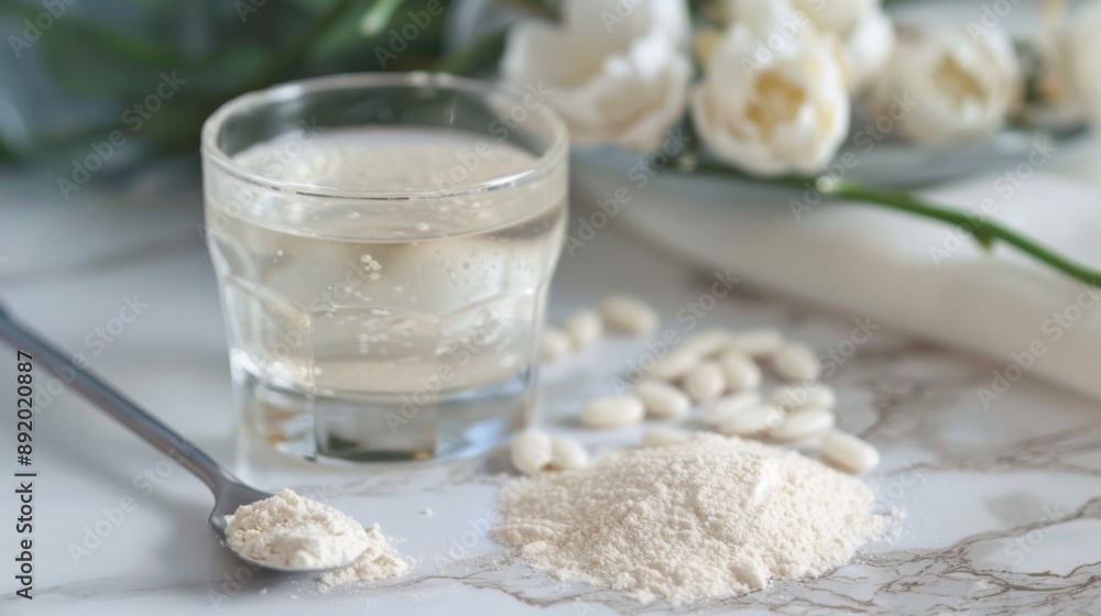Protein powder added with measuring scoop in glass of water. Nutrition and food supplement Protein powder added with measuring scoop in glass of water. Nutrition and food supplement
