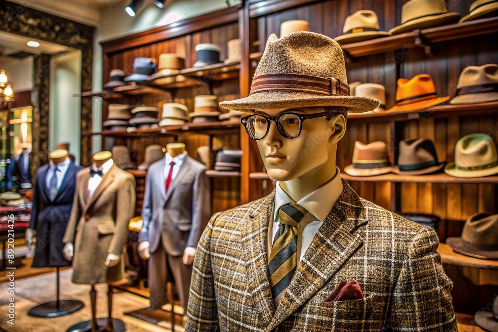Upscale hat shop interior featuring stylish tweed jacket and glasses on a mannequin, surrounded by elegant hats, conveying fashion and personal style essence. Upscale hat shop interior featuring stylish tweed jacket and glasses on a mannequin, surrounded by elegant hats, conveying fashion and personal style essence.