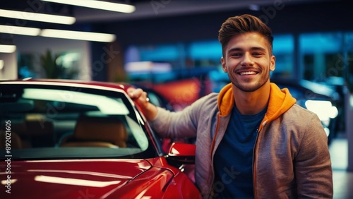 Young man in gray jacket leans on hood of red car smiling and looking at camera