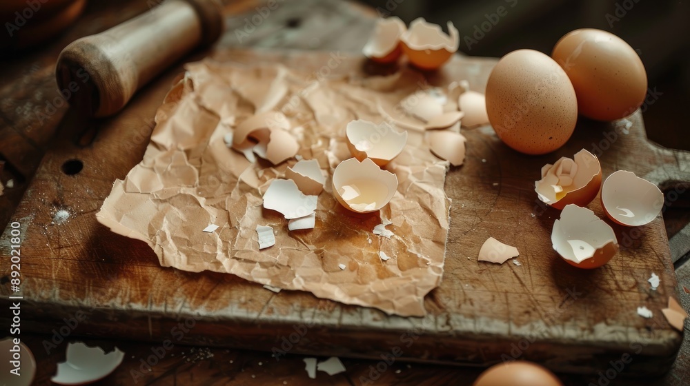 Paper notes and egg shells on a cutting board Paper notes and egg shells on a cutting board