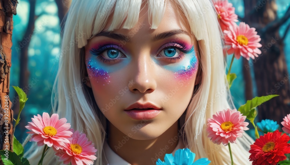 Portrait of a young woman with creative makeup and flowers. Portrait of a young woman with creative makeup and flowers.