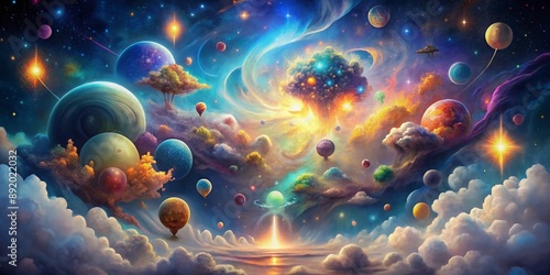 Vibrant, swirling clouds of thought and imagination erupt from a glowing, ethereal mind, overflowing with stars, planets, and whimsical creatures in a kaleidoscope of colors. photo