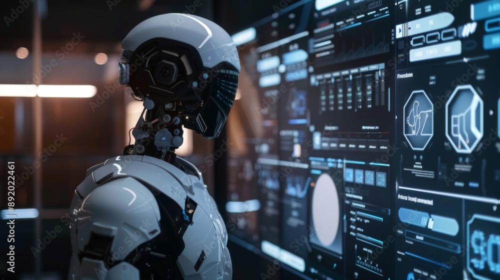 AI robot interacting with interface screens in a high-tech environment, ideal for technology and innovation marketing campaigns AI robot interacting with interface screens in a high-tech environment, ideal for technology and innovation marketing campaigns