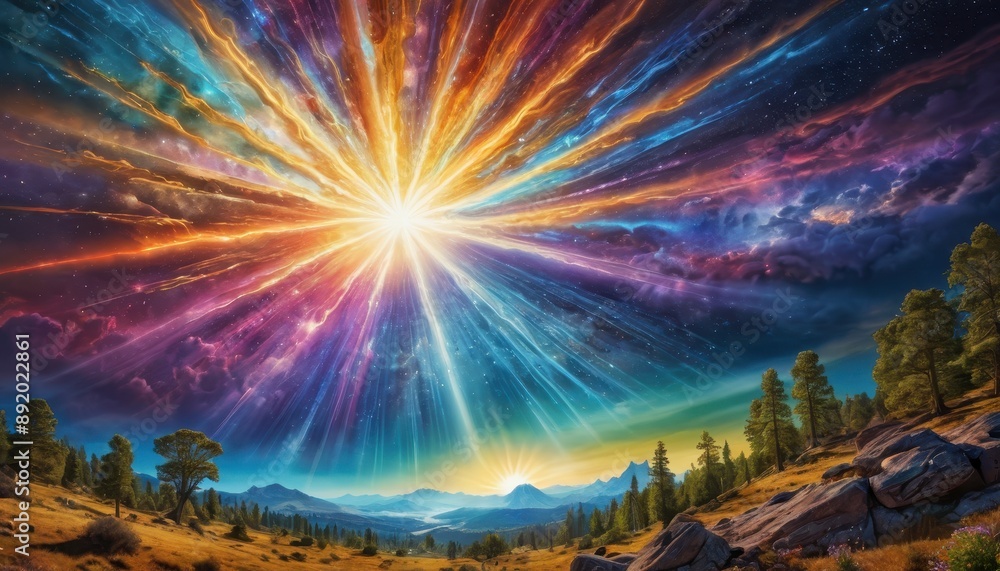 Celestial Burst Over Mountain Landscape. Celestial Burst Over Mountain Landscape.