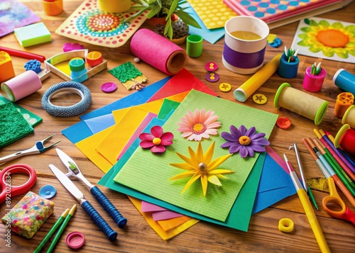 Vibrant art supplies scatter the table as colorful paper, glue, and scissors surround a half-finished greeting card, exuding warmth and creativity in a joyful crafting space.