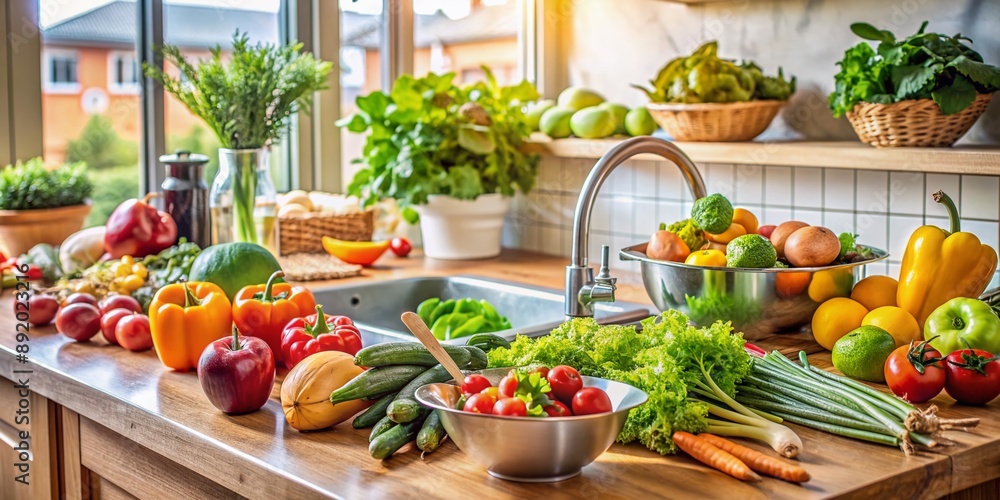 Freshly washed organic vegetables and fruits scatter the kitchen counter as a hint of a nutritious meal preparation suggests a healthy lifestyle and wellness atmosphere. Freshly washed organic vegetables and fruits scatter the kitchen counter as a hint of a nutritious meal preparation suggests a healthy lifestyle and wellness atmosphere.