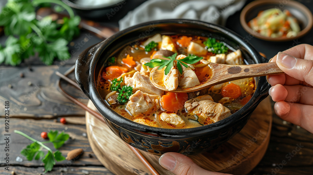 realistic photo of the zoni menu, zoni is a soup containing mochi rice cakes along with various vegetables and chicken. Usually eaten on new year's day, delicious , wooden art background realistic photo of the zoni menu, zoni is a soup containing mochi rice cakes along with various vegetables and chicken. Usually eaten on new year's day, delicious , wooden art background