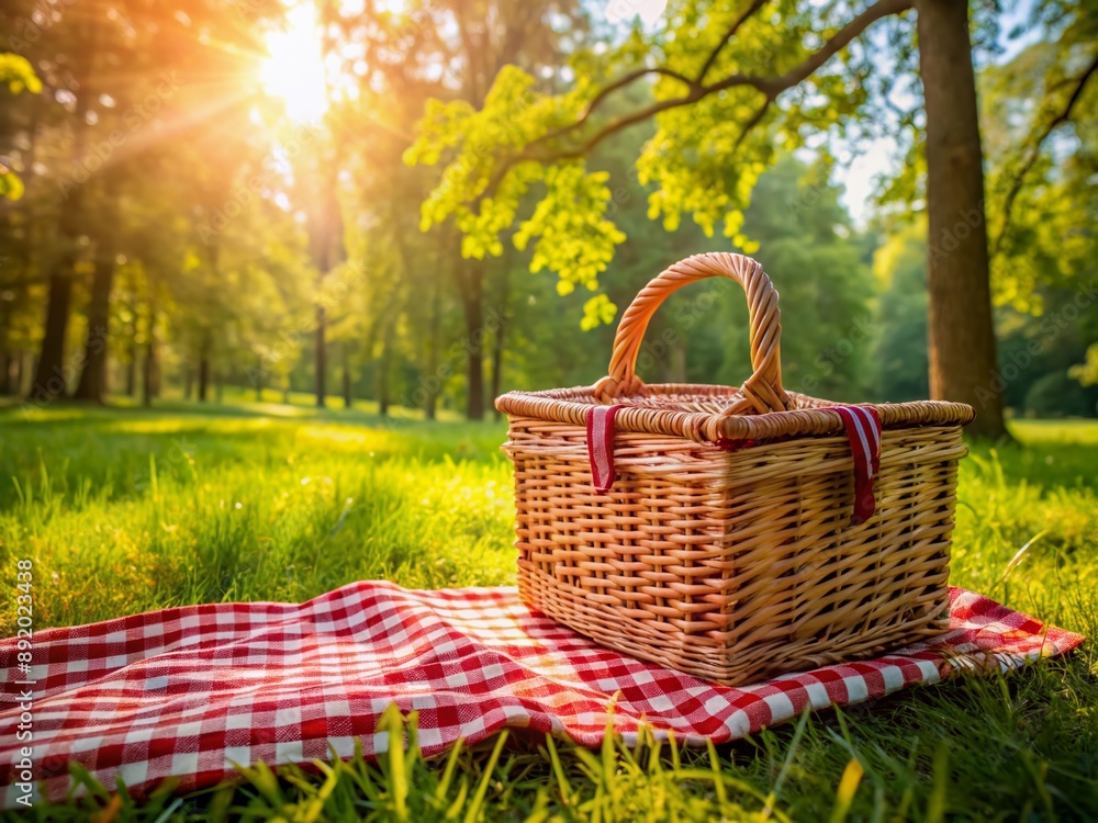 A charming wicker picnic basket adorned with a bright red and white checkered cloth sits on a lush green grassy field beneath dappled sunlight filtering through trees. A charming wicker picnic basket adorned with a bright red and white checkered cloth sits on a lush green grassy field beneath dappled sunlight filtering through trees.