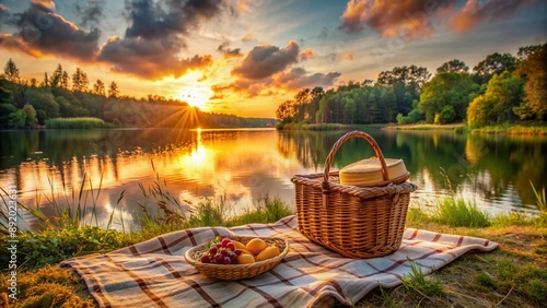 A tranquil lakeside setting features a cozy blanket, wicker basket overflowing with food, and a stunning sunset casting warm golden hues across the serene landscape. photo