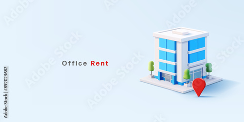3D building of modern business center with navigation icon. Banner for commercial real estate rental, buying, and selling concepts. Business, investment, finance. Vector