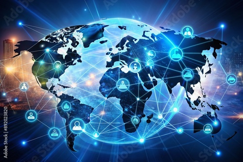 Distribution and logistics concept of global digital internet marketing and business e-commerce banner graphic concept showing global network and social media connection technology. Generative AI