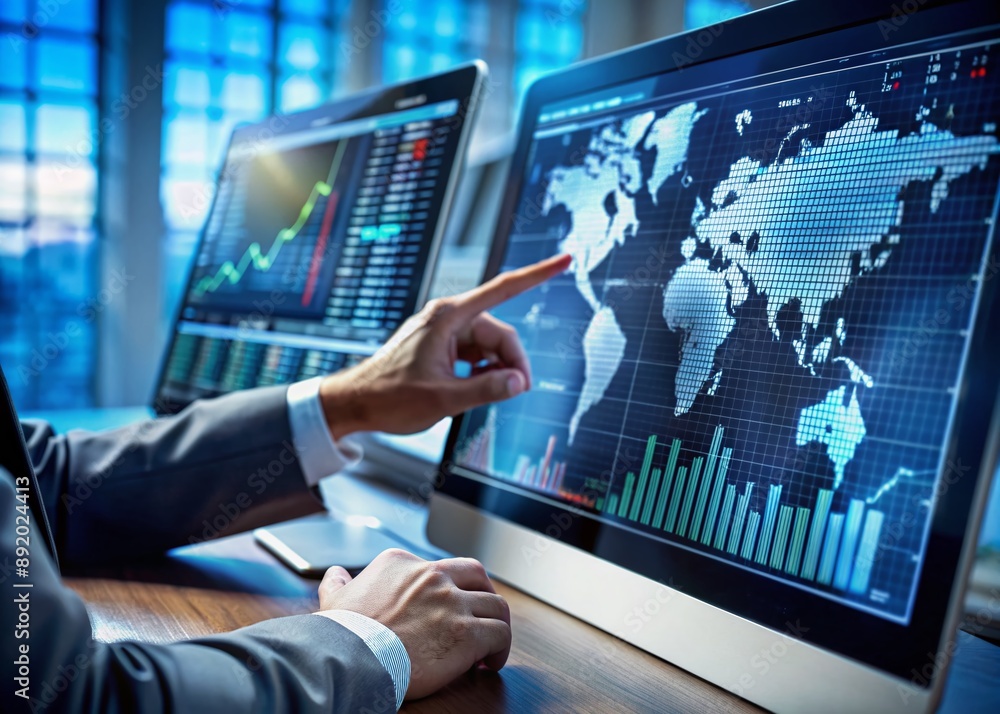 A close-up of skilled hands maneuvering a complex digital dashboard, tracking global market trends and analyzing financial data on a sleek computer screen. A close-up of skilled hands maneuvering a complex digital dashboard, tracking global market trends and analyzing financial data on a sleek computer screen.