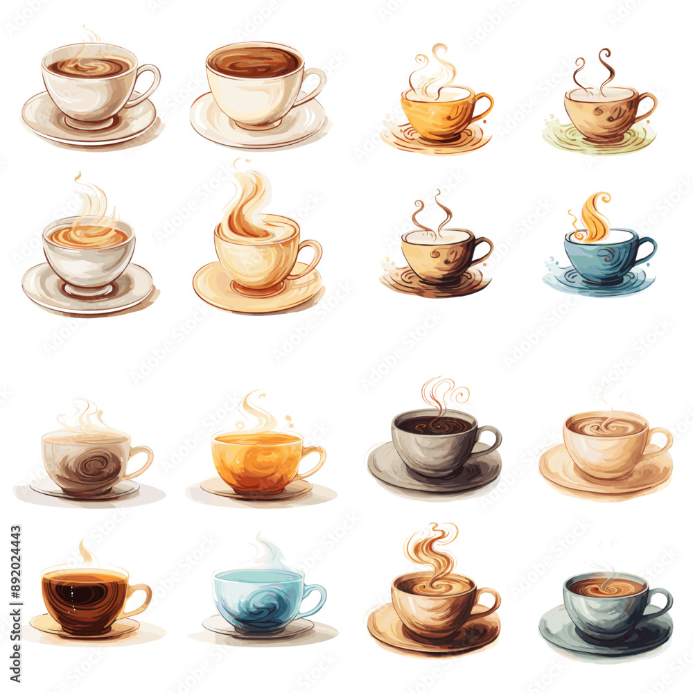 A set of coffee cups with steam rising from them A set of coffee cups with steam rising from them