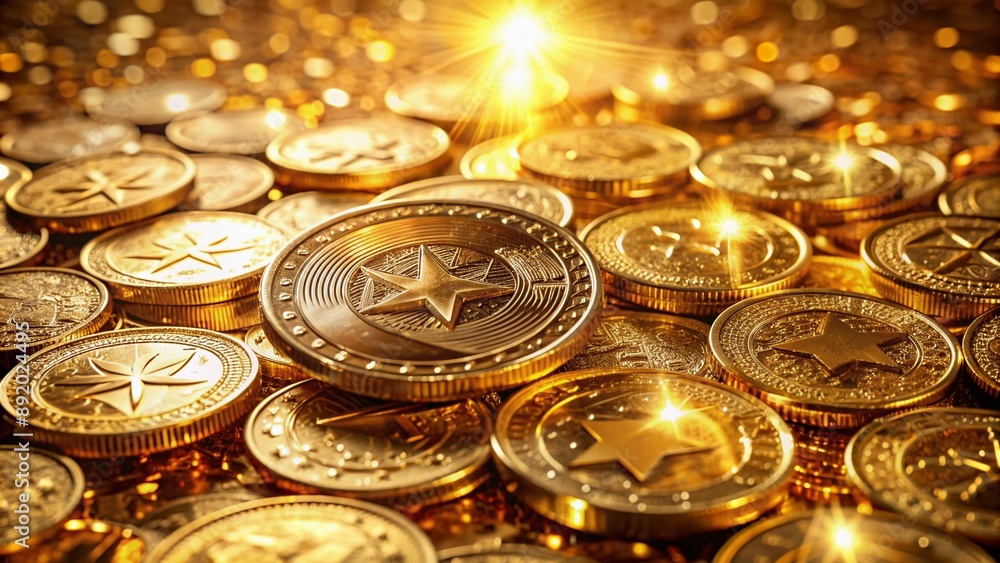 Shiny cryptocurrency coins scattered on a luxurious gold background, glistening with radiant light, symbolizing wealth and financial innovation in the digital age. Shiny cryptocurrency coins scattered on a luxurious gold background, glistening with radiant light, symbolizing wealth and financial innovation in the digital age.