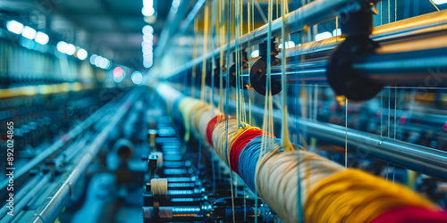 High-Speed Textile Production Line with Colorful Threads Highlighting Industrial Efficiency and Precision