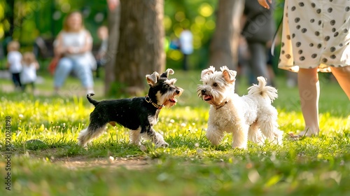 Miniature Schnauzers Meeting and Playing in the Park