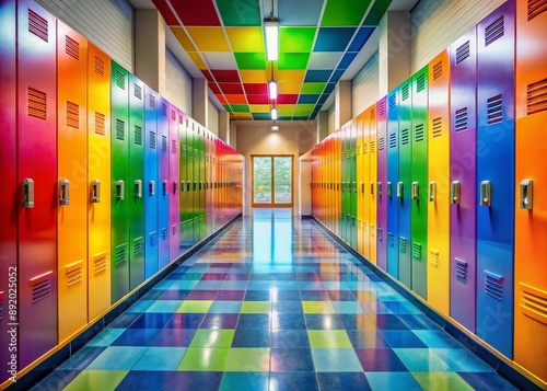 Vibrant school corridors filled with colorful lockers, classrooms, and playful abstract backgrounds, evoking excitement and enthusiasm for a new academic year. photo