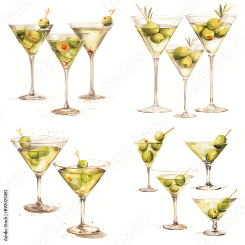 A set of six martini glasses with olives in them