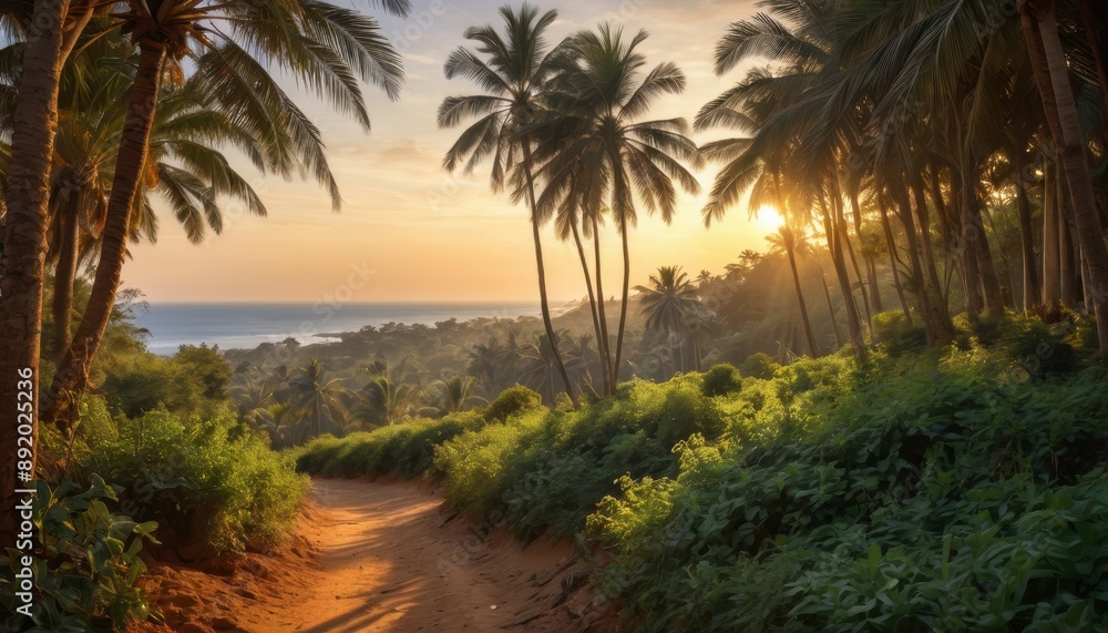 Obraz premium Tropical Jungle Path at Sunset.