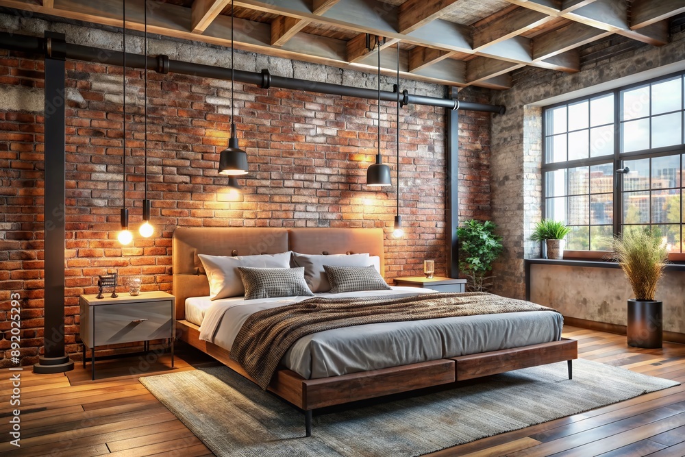 Photo inspiration: Exposed Beam And Brick Accent Design Reference: Modern Industrial Chic Bedroom With Reclaimed Wood Accent Wall Metal