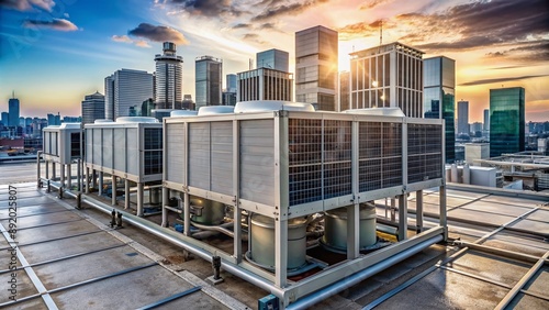 Large commercial air conditioning unit installed on rooftop, surrounded by metallic pipes and valves, with cityscape background, conveying industrial cooling systems efficiency.