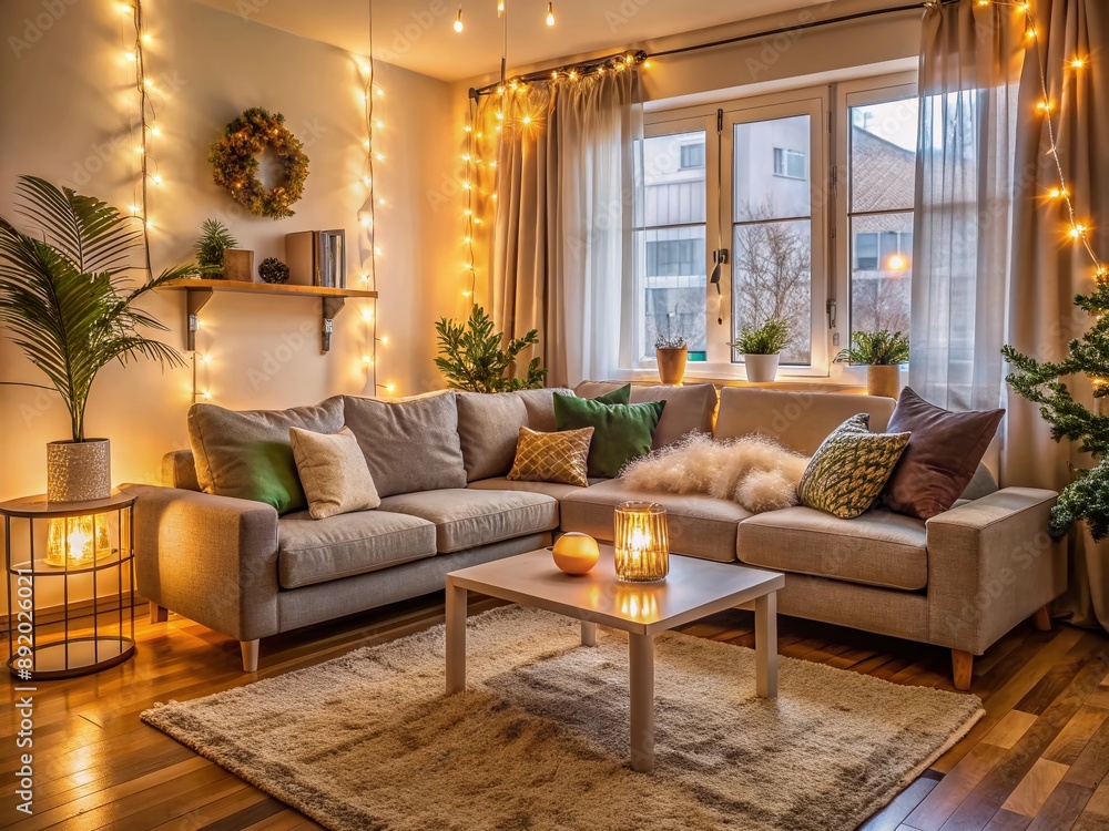 Cozy living room interior with a vacant couch, soft cushions, and warm lighting, evoking a sense of togetherness and comfort, awaiting a happy family portrait. Cozy living room interior with a vacant couch, soft cushions, and warm lighting, evoking a sense of togetherness and comfort, awaiting a happy family portrait.