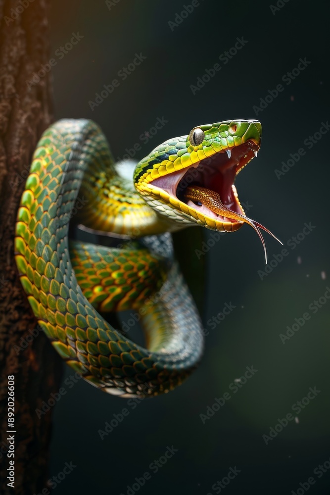 The dramatic lighting enhances the snake's green vibrant skin color, set against a dark, minimalistic background. The dramatic lighting enhances the snake's green vibrant skin color, set against a dark, minimalistic background.