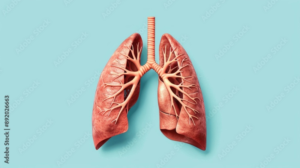 Create a realistic depiction of human lungs against a solid light blue background. The lungs should show the bronchial tree and alveoli, with gentle shading to highlight their texture and form. Create a realistic depiction of human lungs against a solid light blue background. The lungs should show the bronchial tree and alveoli, with gentle shading to highlight their texture and form.