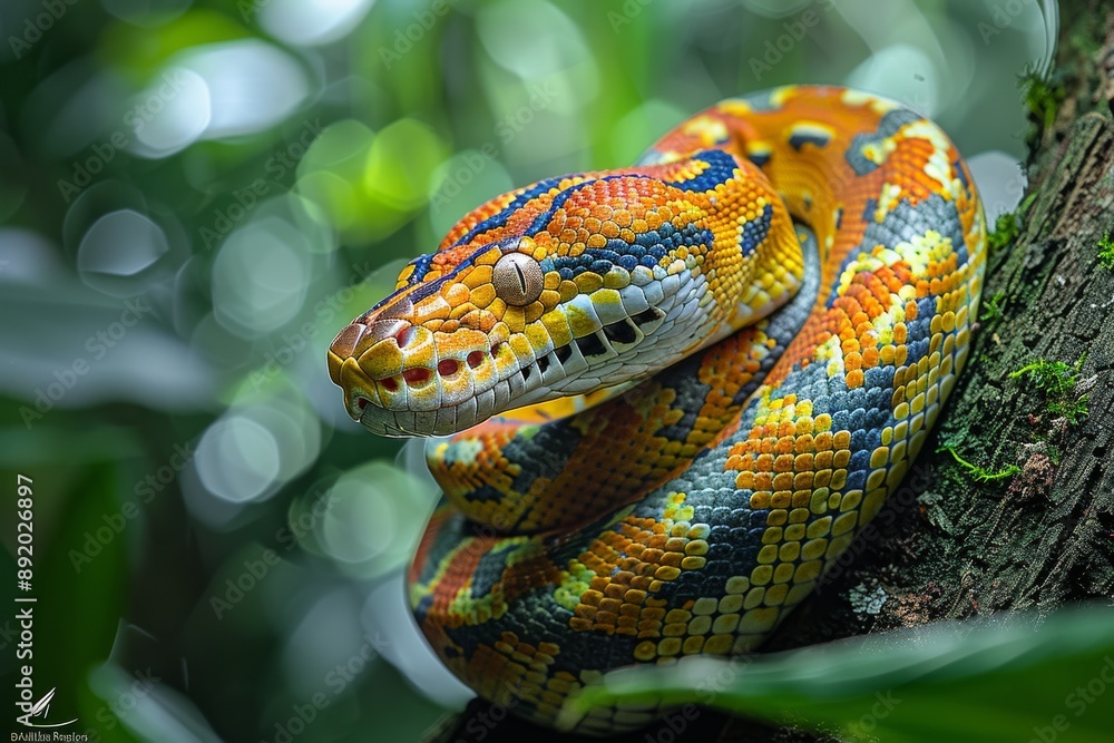 Reticulated Python with its tail wrapped around a tree, Anger, Menacing, Full body view Reticulated Python with its tail wrapped around a tree, Anger, Menacing, Full body view