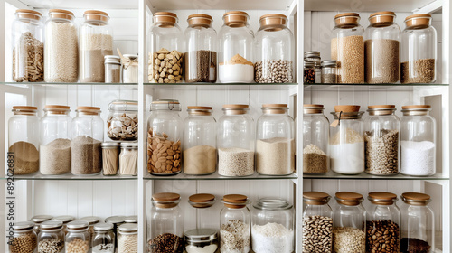 Well-organized pantry shelves with various ingredients in glass jars