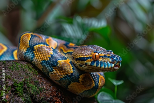 Reticulated Python on stone in juggle, Anger, Menacing, Full body view