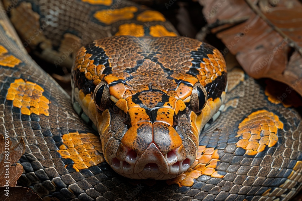 Top view of the Burmese Python on the ground, Anger, Menacing, Full body view Top view of the Burmese Python on the ground, Anger, Menacing, Full body view