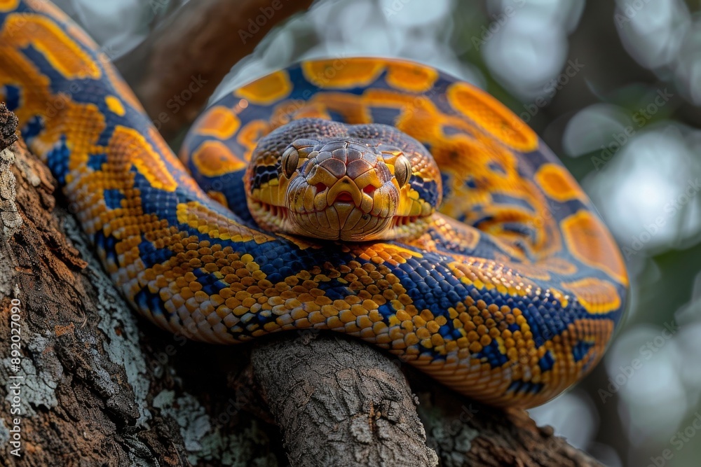 Top view of the Burmese Python with its tail wrapped around a tree, Anger, Menacing, Full body view Top view of the Burmese Python with its tail wrapped around a tree, Anger, Menacing, Full body view