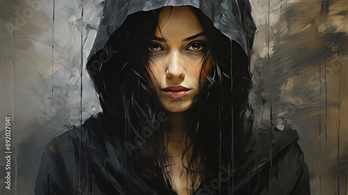ibrant Art Oil Painting Of Gorgeous Female Portrait Face With Black Hoody