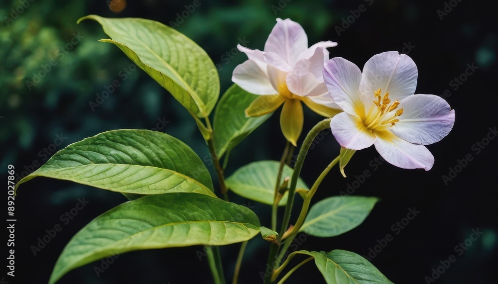 Obraz premium White Flower with Green Leaves Against a Dark Background.