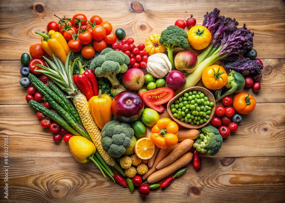 Vibrant organic fruits and vegetables arranged in a heart shape, symbolizing love for healthy living and promoting nutrient-rich diets for overall wellness and vitality. Vibrant organic fruits and vegetables arranged in a heart shape, symbolizing love for healthy living and promoting nutrient-rich diets for overall wellness and vitality.
