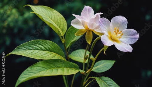 White Flower with Green Leaves Against a Dark Background.