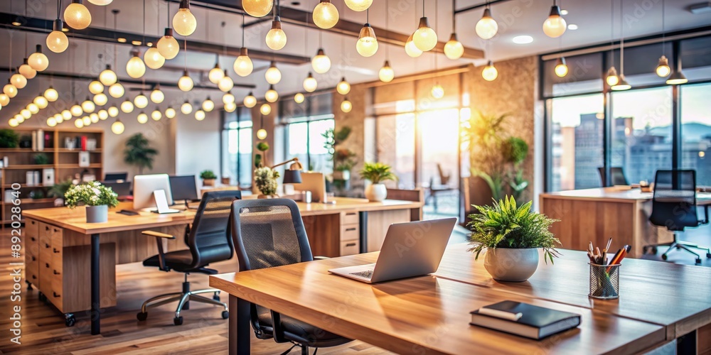Modern corporate workspace with blurred background featuring blurred bokeh lights, wooden desks, leather chairs, and scattered office supplies in a natural light setting. Modern corporate workspace with blurred background featuring blurred bokeh lights, wooden desks, leather chairs, and scattered office supplies in a natural light setting.