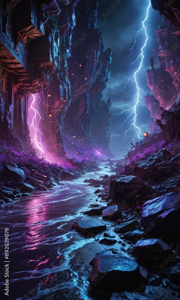 Fototapeta premium Stormy Night in a Fantasy Valley.