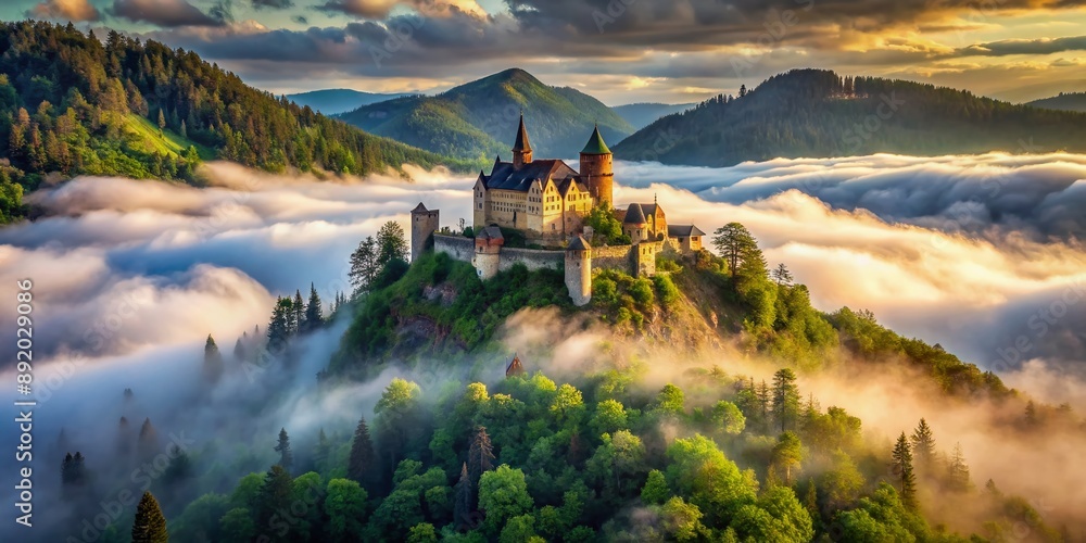 Majestic medieval castle sits atop a rugged mountain peak, surrounded ...