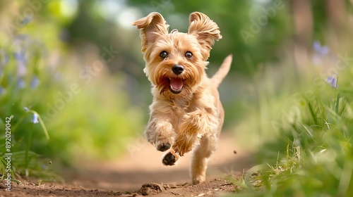 Happy Miniature Schnauzer Puppy Sprinting on Forest Trail