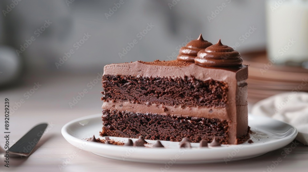 Chocolate cake with chocolate cream on plate against light backdrop Chocolate cake with chocolate cream on plate against light backdrop
