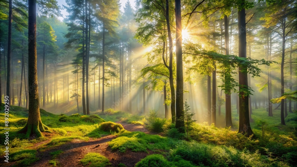 Serene forest landscape with misty fog, lush greenery, and sunlit trees, perfect for depicting mindfulness and meditation, with atmospheric warm light and depth. Serene forest landscape with misty fog, lush greenery, and sunlit trees, perfect for depicting mindfulness and meditation, with atmospheric warm light and depth.