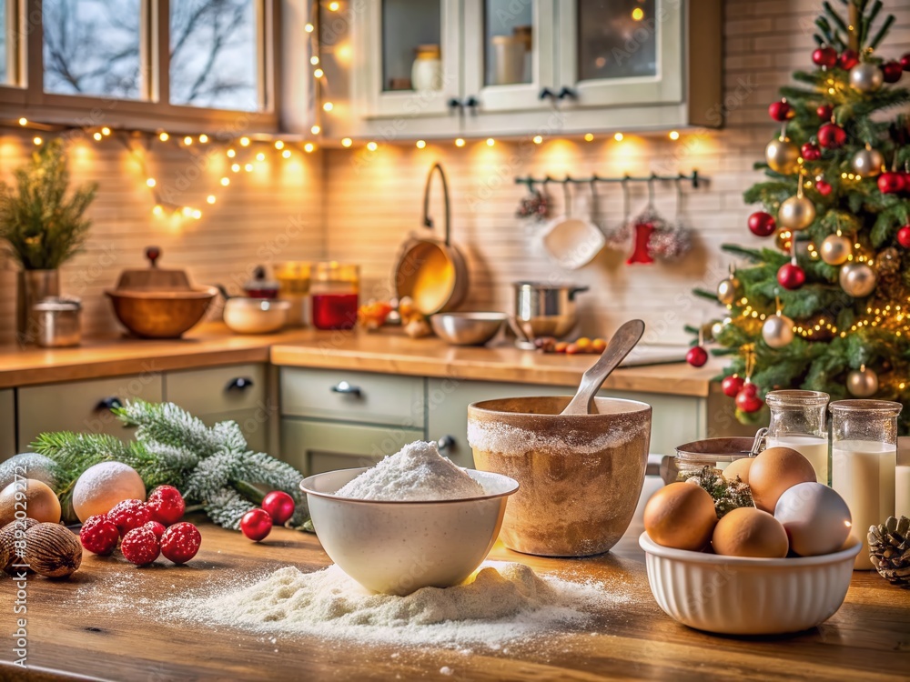 Warmly lit kitchen scene with flour-dusted countertops, vintage mixing bowls, and festive holiday decorations, evoking a sense of joyful family baking traditions. Warmly lit kitchen scene with flour-dusted countertops, vintage mixing bowls, and festive holiday decorations, evoking a sense of joyful family baking traditions.